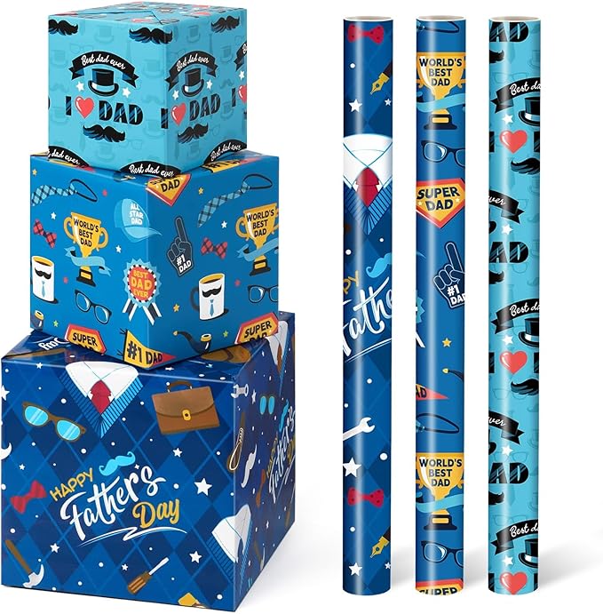 WERNNSAI Father’s Day Wrapping Paper Rolls - 3 Rolls 17” x 10FT Blue Gift Wrap Set with Mustache I Love Dad Designs for Dad Husband Grandpa Birthday Father’s Day Gifts