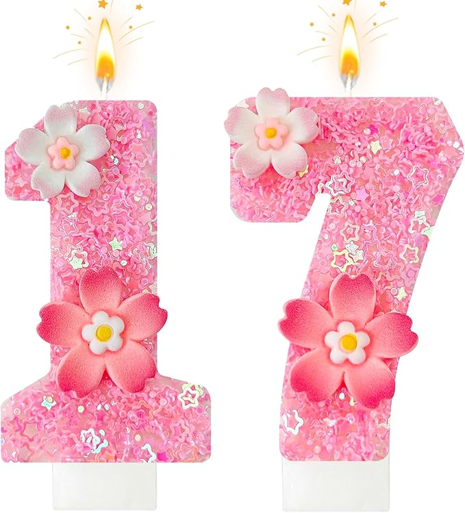 Pink Flower Birthday Candle,Number Birthday Candles for Cake, Ideal Birthday Parties Cake Decor, Wedding Anniversary and Other Celebrations (Number 17, Pink)