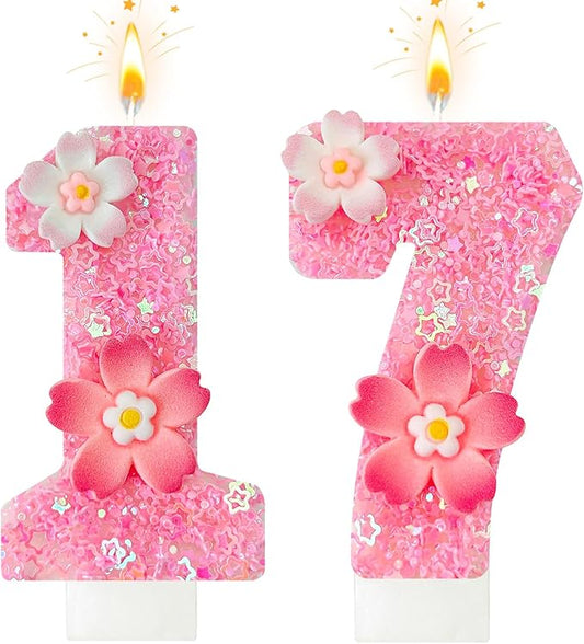 Pink Flower Birthday Candle,Number Birthday Candles for Cake, Ideal Birthday Parties Cake Decor, Wedding Anniversary and Other Celebrations (Number 17, Pink)