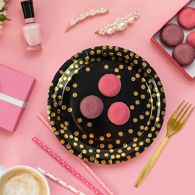 ï»?5PCS Black and Gold Paper Plates and Napkins Party Supplies, Disposable Black Gold Dessert Plates Black Napkins Tableware Dinnerware Set for Birthday Graduation Retirement Weddings Party Decorations