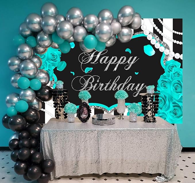 Mocsicka Silver Turquoise Floral Birthday Backdrop for Girl 7x5ft Black and White Stripes Teal Background Quinceanera 15th Birthday Party Decoration (7x5ft (82x60 inch))