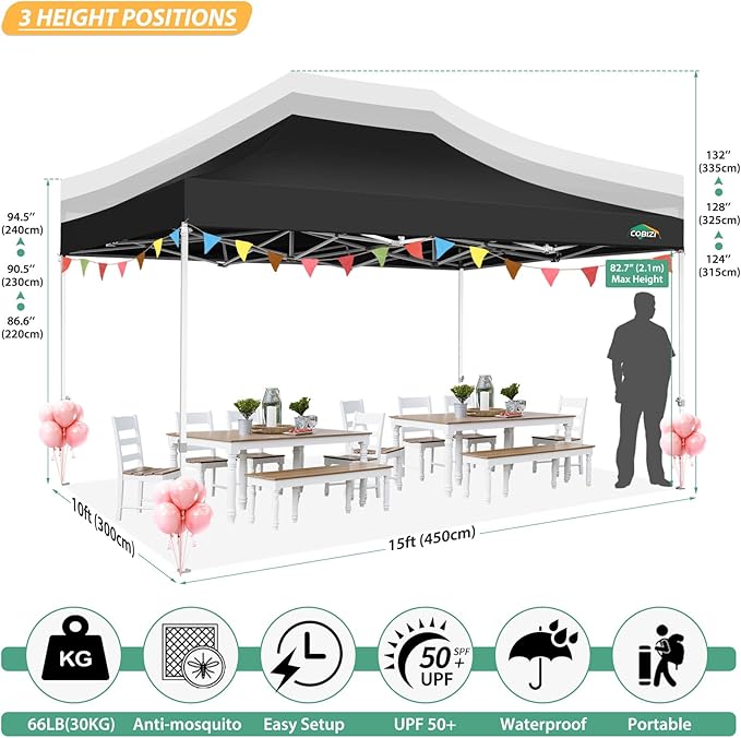 COBIZI 10x15 Canopy Tent with 4 Sidewalls,Heavy Duty Pop up Canopy with Mosquito Netting,Easy up Screen Tent for Parties Wedding Patio with Handbag,Black