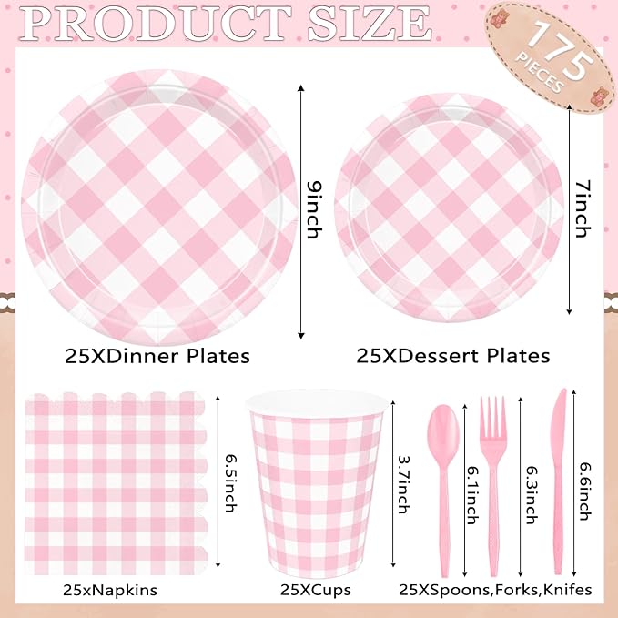 175 Pcs Pink Gingham Party Supplies for 25 Guests, Pink and White Checkered Paper Plates, Cups and Napkins Sets for Baby & Bridal Shower, Wedding, Birthday Party, Outdoor Picnic