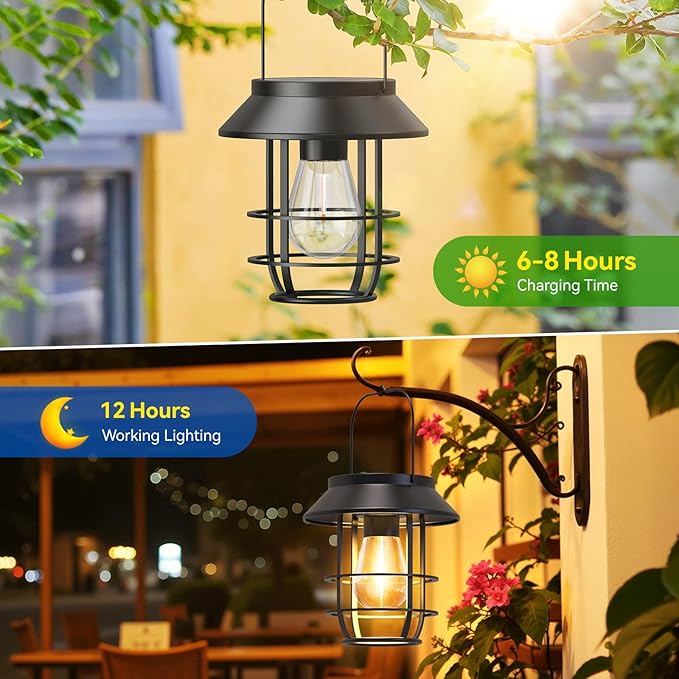 Solar Lanterns Outdoor Waterproof, High Brightness Hanging Solar Lights for Outside with Wall Hooks, Christmas Decor Retro Metal Outdoor Lanterns Auto On/Off for Patio, Yard Decor, Black,2Pack