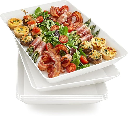 Serving Tray Platter, 5 Pcs Food Tray for Veggie Fruit Snack Dessert Cookie Cheese, Food Trays for Party Supplies Display, Plastic Platters for Serving Food, Large White Trays, BPA Free