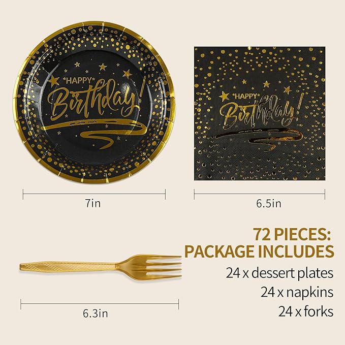 72PCS Happy Birthday Plates and Napkins Party Supplies, Black Gold Dot Paper Plates and Napkins with Forks Disposable Tableware Set for Birthday Party Decorations, Serves 24