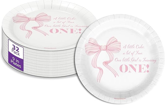 Pink Bows First Birthday - 32 Piece Disposable Party Supplies - Decorations for Girl's 1st Birthday Round Party Plates - Large 9" Paper Plates In Bulk