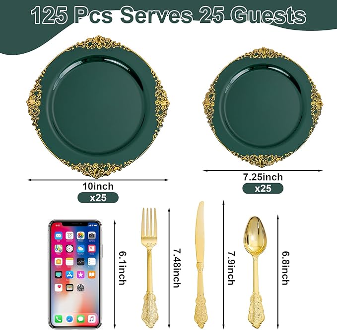 125PCS Green Plastic Plates - Green and Gold Disposable Plates - Fancy Vintage Plate with Gold Plastic Silverware Set for 25 Guests for Party Wedding Spring