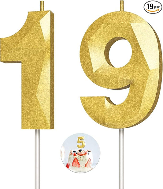 Number Birthday Candles(19 Candle Gold) 3D Diamond Shape Number Happy Birthday Cake Candles for Birthday Party Wedding Decoration Reunions Theme Party
