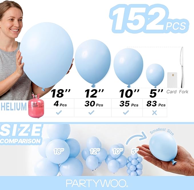 PartyWoo Baby Blue Balloons 152pcs Different Sizes of 18 12 10 5 Inch Light Pastel Sky Aqua Blue Balloon Arch Kit Garland for Graduation Baby Shower Gender Reveal Easter Party Decorations Blue-Q13