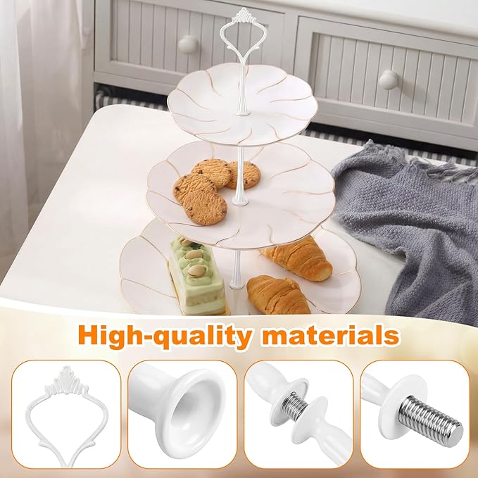 Patelai 6 Sets 3 Tier Cake Stand Hardware Tiered Tray Plate Hardware Kit Heavy Metal Cake Fruit Food Plate Stand Fitting Stacking Kit for Serving Dessert Cupcake Dish Food (Simple, White)