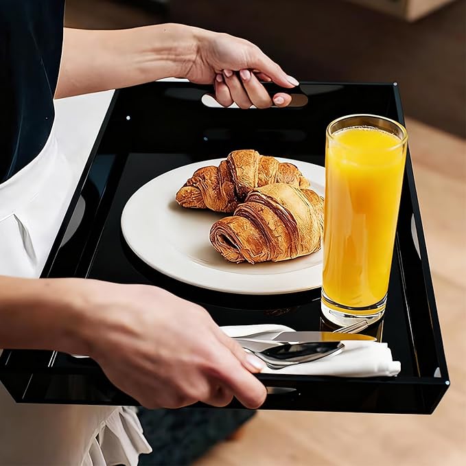 Sturdy 16" Acrylic Serving Tray with Handles - Ottoman Coffee Table Organizer for Food, Tea, Snacks, Vanity & Kitchen Countertop - Multi-Use for Bathroom, Living Room, Bar Parties (Black)
