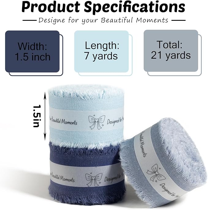 Dark Blue Cotton Ribbon 1-1/2 Inch Navy Blue, Dusty Blue & Baby Blue 3 Rolls 21 Yards Frayed Edge Fabric Set for Formal Wedding Decor, Graduation Party, Father's Day, Gift Wrapping & DIY Crafts