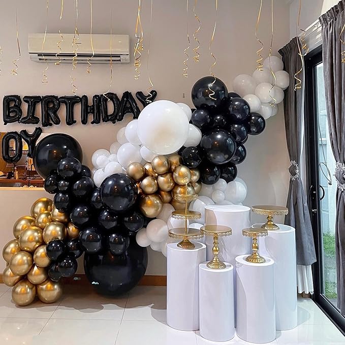 Black White Gold Latex Balloons, 50pcs 12 Inches Black White Gold Confetti Party Balloons with 1 Ribbon for Birthday, Graduation, Anniversary,Wedding, New Year Party Decorations