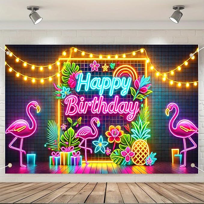 71x43 Inch Birthday Party Banner with Neon Happy Birthday Flamingos Tropical Flowers Pineapple Indoor Outdoor Wall Door Porch Decoration Backdrop Photo Prop