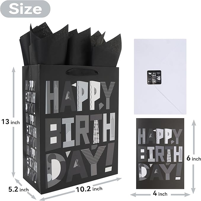 wishinside 13” Large Black Happy Birthday Gift Bag Set with Handles, Greeting Card, Tissue Papers and Stickers for Men Boys Kids Teens, Cartoon Design, 1 Pcs