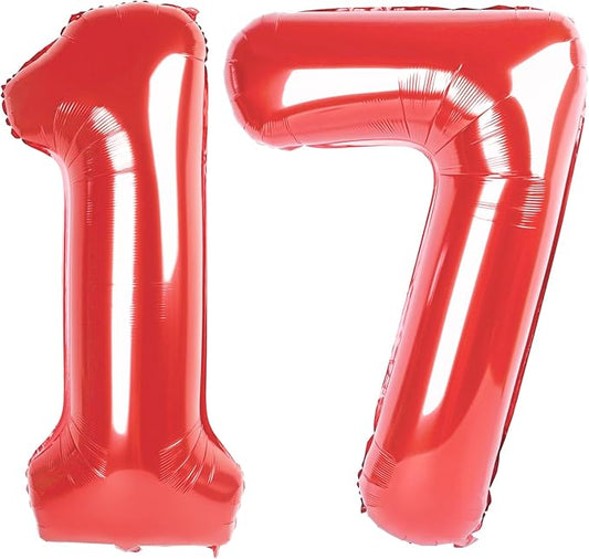 40 Inch Number 17 Balloons, Red 17th Birthday Decoration for 1 7 17 71 Men & Women, Foil Big Number Balloon for Wedding Store Anniversary Promotion Party Decorations