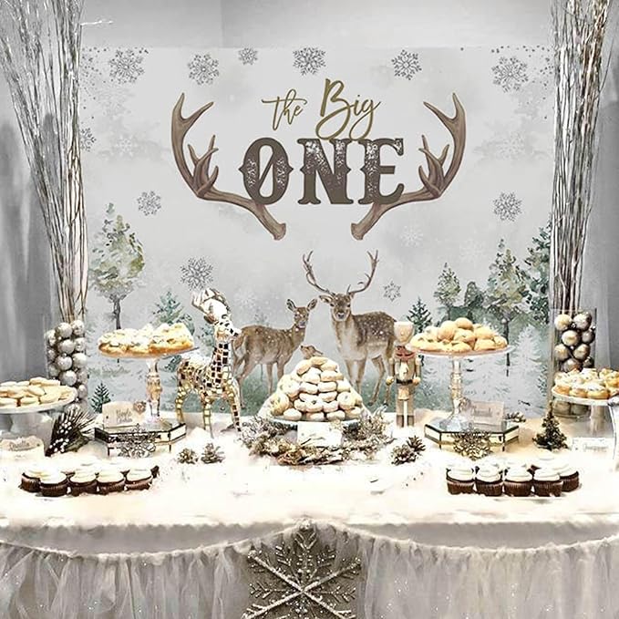 Mocsicka Deer 1st Birthday Backdrop Advenrture Winter Forest Deer Party Decoration The Big One Deer Antlers Rustic 1st Birthday Banner Bakground (Green, 7x5ft(82x60 inch))