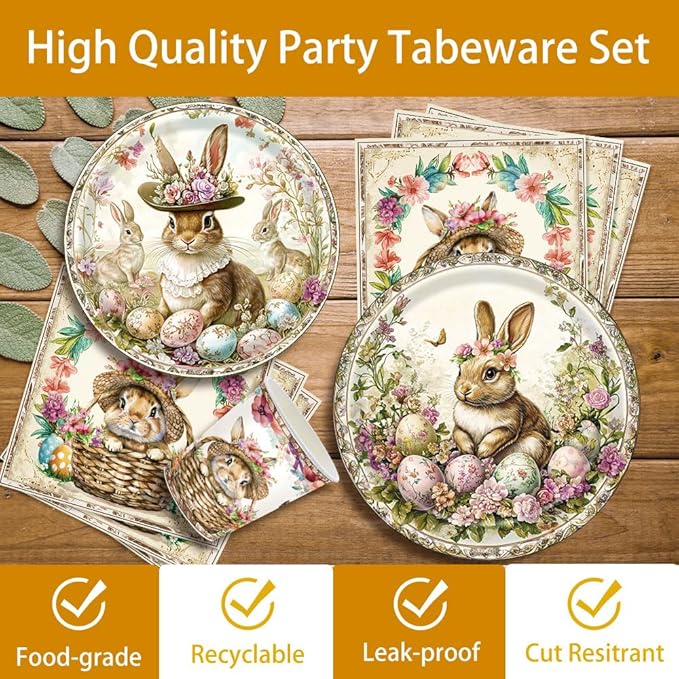 140Pcs Vintage Easter Party Rabbits Plates and Napkins Easter Day Party Supplies Gorgeous Palace-Style Bunny Eggs Paper Plates Birthday Party Decorations Rabbits Party Plates, Serves 20 Guests