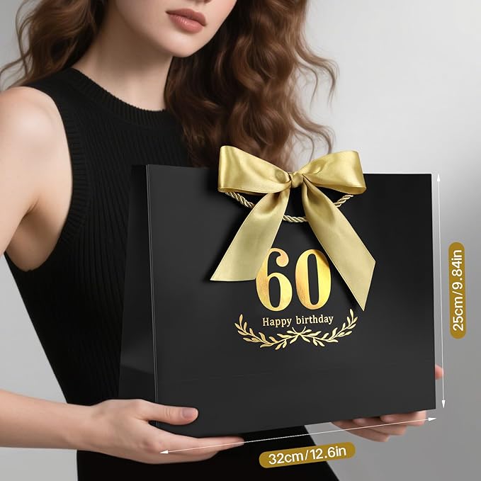 JMANNI Black Gold 60th Birthday Gift Bag with Card and Tissue Paper, 12.6"×9.84"×3.9" Elegant Present Bag for Men Women, 60 Year Old Birthday Keepsake Party Supplies