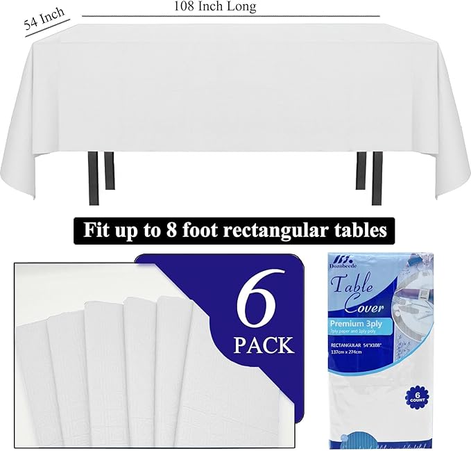 [6 Pack] White Paper Tablecloth Disposable for Rectangle Tables, 54 X 108 Inch Party Table Cover with Plastic Backing, Waterproof 3 Ply Table Cloth for Wedding Spring Easter Outdoor Picnic BBQ