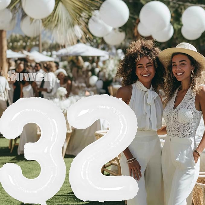 SUWEN 40 Inch White Large 32 Balloon Numbers Big Foil Helium Number Balloons 0-9 Giant Jumbo Happy 32nd Birthday Party Decorations for Men or Women Huge Mylar 23 Anniversary Party Supplies