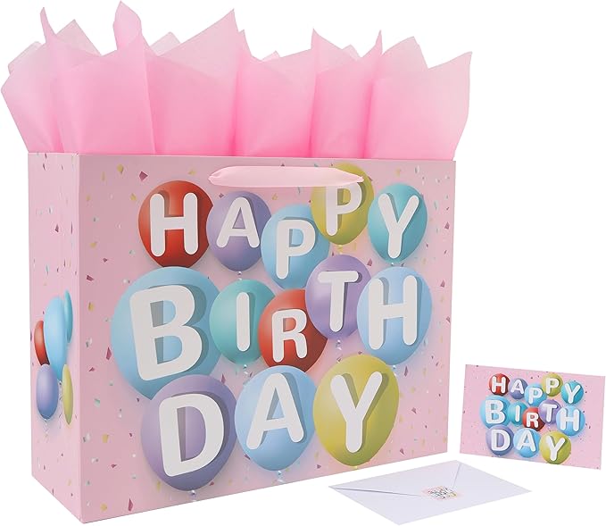 wishinside 16.5” Extra Large Happy Birthday Gift Bag Set with Handles, Greeting Card, Tissue Papers and Stickers for Girls Kids Women, Colorful Balloon Design, 1 Pcs