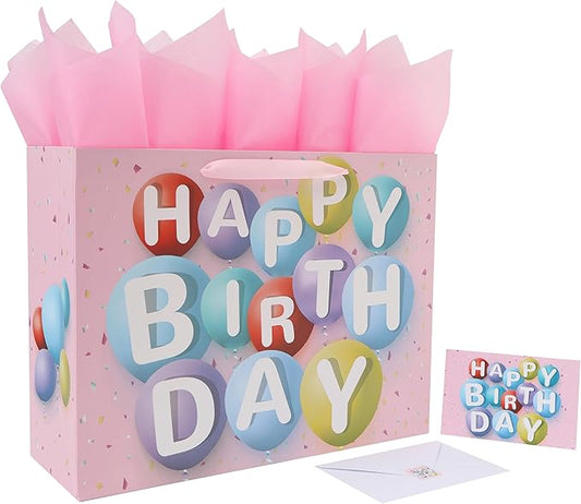 wishinside 16.5” Extra Large Happy Birthday Gift Bag Set with Handles, Greeting Card, Tissue Papers and Stickers for Girls Kids Women, Colorful Balloon Design, 1 Pcs