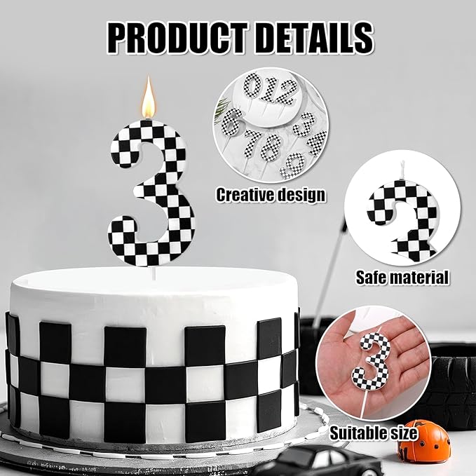 Racing Cars Themed Birthday Candle, Checkered Flag Number Candles Black and White Candles Happy Birthday Cake Topper Party Decorations for Boys Racing Cars Themed Party Supplies (Number 3)