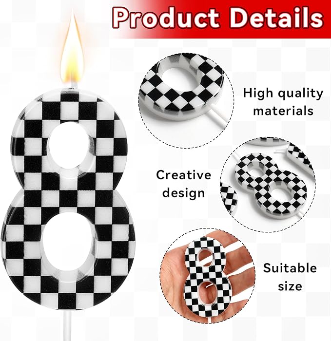 Racing Car Themed Birthday Candles, Number 8 Checkered Candles, Black & White Checkered Cake Decoration, Car Cake Topper for Party Decoration Theme Party Supplies