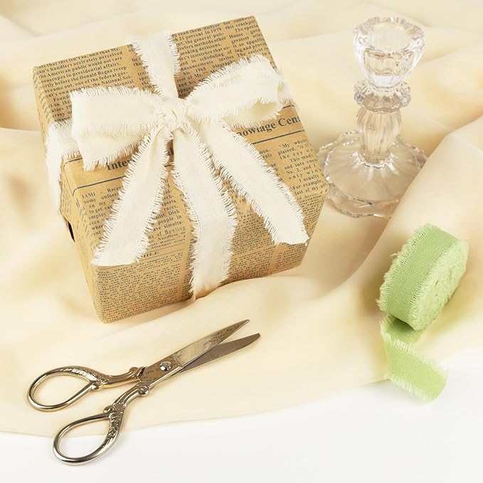 Green Cotton Ribbon 5/8 Inch Sage, Moss & Ivory 3 Rolls 21 Yards Frayed Edge Fabric Set for Boho Rustic Wedding Invitations, Bridal Bouquets, Gift Wrapping, DIY Crafts, Spring Home Decor