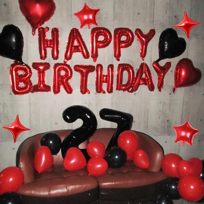 Red Happy Birthday Balloon Banner, 16 Inch Mylar Foil Letter Balloons, Reusable Birthday Decorations with Red Star Foil Balloons, Inflatable Party Supplies for Women Girls Decorations