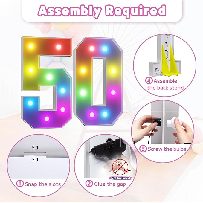 Marquee Numbers 50th Birthday Decoration: Colorful 3FT Large Light Up 50 Year Old Birthday Decorations Anniversary Backdrop Cardboard Sign 18 Colors Number 50 Mosaic Balloon Frame