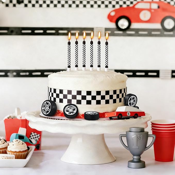 12 Pcs Racing Cars Themed Birthday Candles, Black and White Checkered Birthday Cake Candles, Racing Candle Wheel Tire for Racing Car Party Decoration Theme Party Supplies (General)