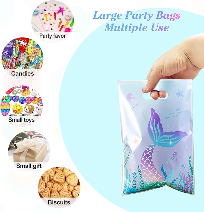 Agaommio 40PCS Mermaid Party Favor Bags Christmas Gift Bag Under the Sea Plastic Gift Bag Goodie Bags Mermaid Tail Treat Bag with Handles for Girls Kids Birthday Party Supplies 6.3"x 9.45"