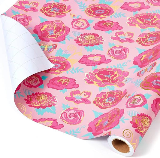 WERNNSAI Mothers Day Wrapping Paper - 1 Roll 17” x 33 ft Mother’s Day Wrapping Paper Pink Floral Gift Wraps Roll Pink Rose Metallic Foil Design for Women Mom Birthday