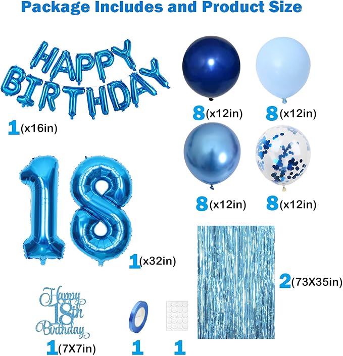18th Birthday Decorations for Boys 18th Birthday Balloons 18 Cake Topper Happy Birthday Banner Blue Streamers Happy 18th Birthday Decorations