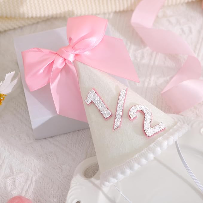 Pink Bow 1/2 Birthday Hat- Pink half Birthday hat, Princess 1st Birthday Supplies,Half Birthday Decorations for Girls
