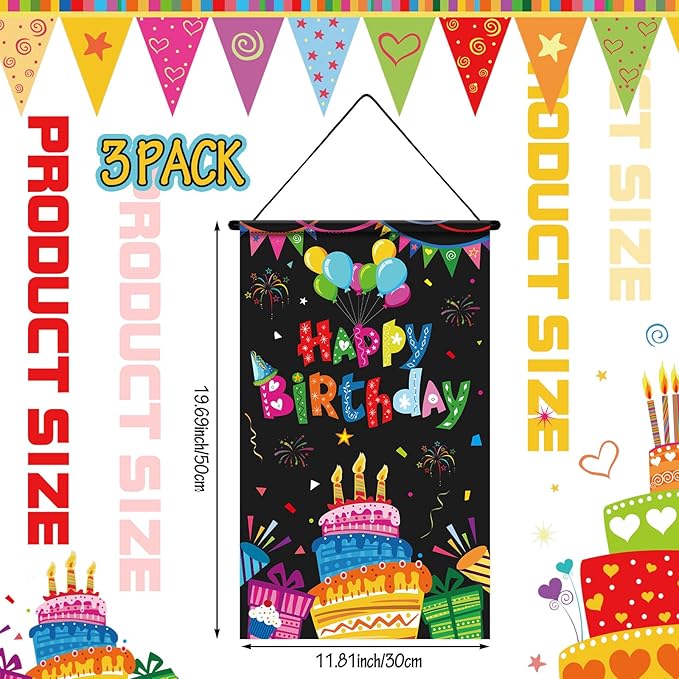 Tegeme 3 Pcs Happy Birthday Banner Decor Colorful Happy Birthday Party Door Hanging Decorations Hanging Black Banner Party Supplies for Kids Girls Boys Porch Wall Door Sign