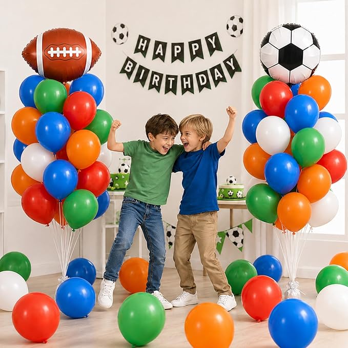 Soccer Balloons, 12 Inch Green Orange Blue Red White Latex Balloons with Soccer Ball Basketball Foil Balloon for Boys Kids Sport Theme Birthday Decorations Football Lover Men Party Baby Shower Decor