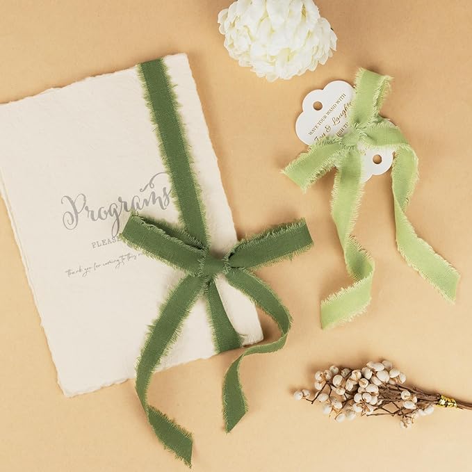Green Cotton Ribbon 5/8 Inch Sage, Moss & Ivory 3 Rolls 21 Yards Frayed Edge Fabric Set for Boho Rustic Wedding Invitations, Bridal Bouquets, Gift Wrapping, DIY Crafts, Spring Home Decor