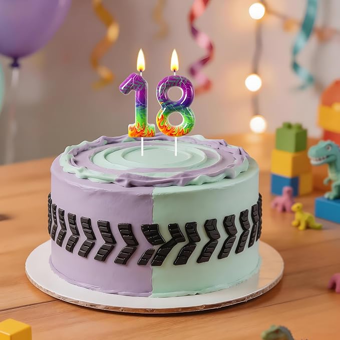 Number 8 Birthday Candle for Cake – Purple Green Flame Design with Lightning & Tire Track Pattern – Off-Road Truck Theme Cake Topper for Birthday Party Decoration