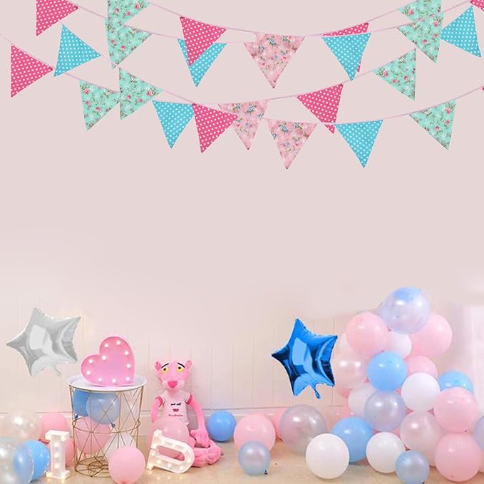 Zwiebeco 32Ft Pink Blue Circle Dots Floral Fabric Bunting Triangle Flags Cotton Flowers Pennant Banner Decorations for Birthday Wedding Engagement Tea Party Spring Rustic Village Home Garden Décor