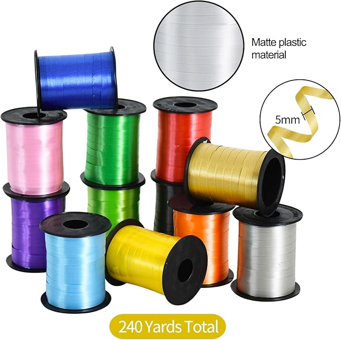 TONIFUL Curling Ribbon-12 Assorted Colors Balloon Curling Ribbons Set-240 Yards Balloon String for DIY Decor,Gift Wrapping,Ribbons and Bows for Christmas New Year Birthday Gifts Graduation Supplies