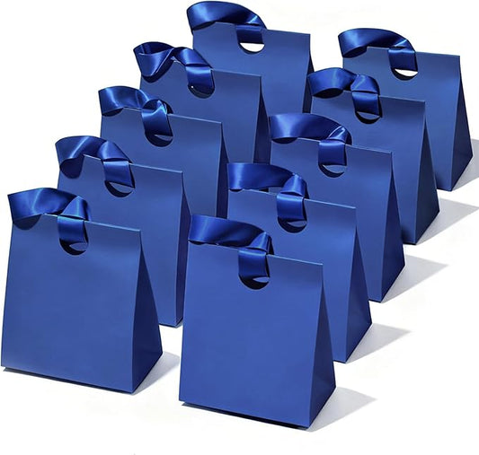 Vitalizart Paper Gift Bags With Ribbon Handles Set of 10 Blue Bulk Reusable For Gift Wrap Girls Kids Birthday Bridal Shower Party Favors Goodie Bags Candy Christmas 5.91"x3.54"x7.28" Small