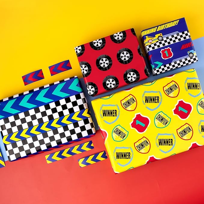 WRAPAHOLIC Birthday Wrapping Paper Roll - Mini Roll - 4 Rolls - 17 Inch X 120 Inch Per Roll - Cool Racing Cars and Autodrome Print for Birthday, Party, Baby Shower Packing