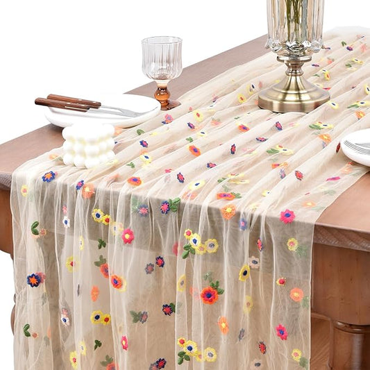 Joanlody 3pcs Champagne Embroidery Daisy Spring Summer Table Runner 10ft Florals Seasonal Easter Tulle Table Runner Holiday Kitchen Dining Table Decoration for Home Party Indoor
