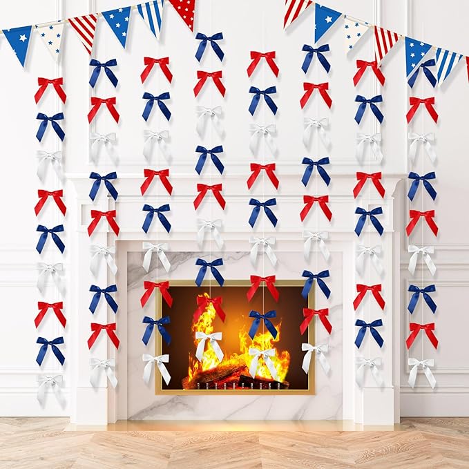 Taobary 8 Pcs 6.6 ft Bow Garland, Satin Ribbon Bow Banner Coquette Hanging Ornament for Photo Backdrop Birthday Party Wedding Bridal Baby Shower Wall Decorations(Red, Blue and White,1 Inch)