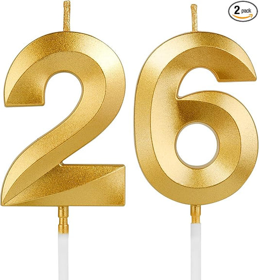 Birthday Candles, 1.96 Inch Number 26 Happy Birthday Candles, Number Candles Decoration for Birthday Party and Anniversary Celebration(Champagne Gold)