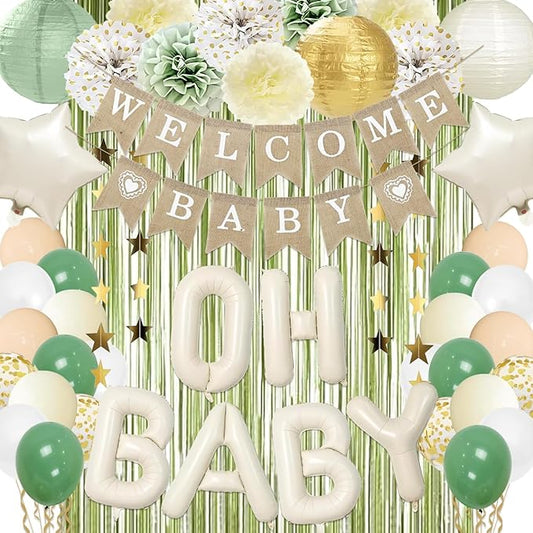 Sage Green Baby Shower Decorations 40 Inch Beige OH BABY Balloons Welcome Baby Banner, Paper Lanterns, Tissue Pom Poms, Star Garland, Neutral Gender Reveal Birthday Party Supplies
